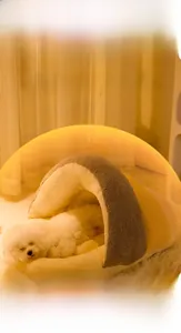 Detail of soft polar fleece material in a semi-enclosed warm pet bed for dogs