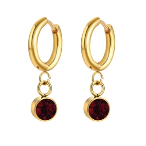 Golden stainless steel hoop earrings with elegant ruby-colored gemstone pendants