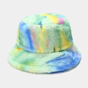 Close-up of thick tie-dye faux fur fabric on a winter bucket hat with vibrant colors