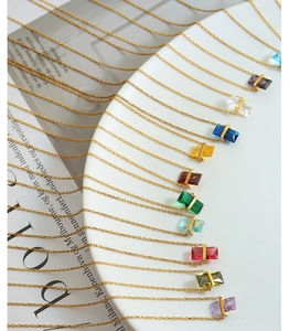 Detailed display of colorful gemstone pendant necklaces with gold plated titanium steel chains