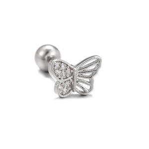 Macro view of silver butterfly cartilage earring with zircon stones and screw back