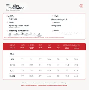 Size chart for yoga bodysuit with dimensions for S to XL and fabric care instructions