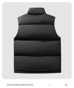 Rear view of men's black quilted puffer vest with stand collar and windproof fabric
