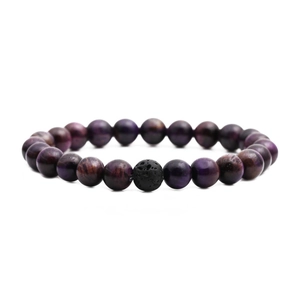 Handmade beaded bracelet with purple tiger eye stones and black volcanic lava bead