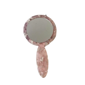 Pink and white marble texture handheld acetic acid makeup mirror with round glass surface