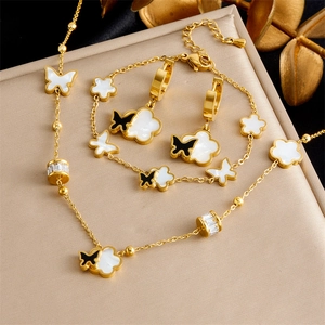 Stainless Steel Jewelry Necklace Bracelet Earrings Vintage Gold Plated Flower Butterfly Tarnish Free Elegant Mother Of Artificial Pearl