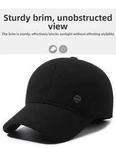 Close-up of black knitted baseball cap with metal Sport badge and firm brim design