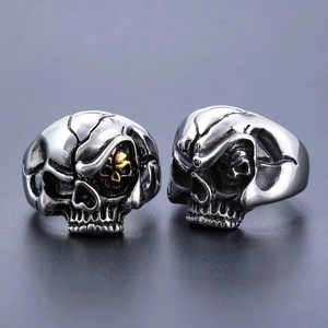 Skull Ring Stainless Steel 316L Double Skeleton Head Punk Biker Gothic Vintage Distressed Polished Band Jewelry For Men
