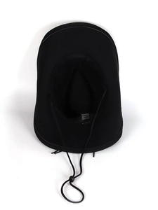 Detail view of the black felt hat interior featuring 100% polyester label and windproof cord