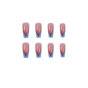 Long coffin fake nails with nude pink base and light blue V-shaped French tips