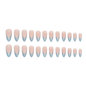 French almond press-on nails with blue aurora edges and pearl accents on white background