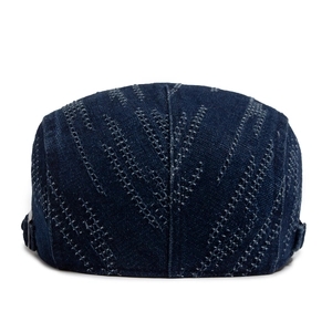 Vintage dark blue denim beret ivy cap with cross-stitch patterns and adjustable side buckle