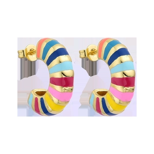 Close-up of rainbow striped C-shaped gold earrings with vibrant multi-colored enamel detail