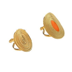 Minimalist gold geometric oval open ring with vintage relief texture and orange enamel inlay