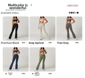 Collage of halter yoga sets in black, apricot, grey, blue and green showing fit and colors