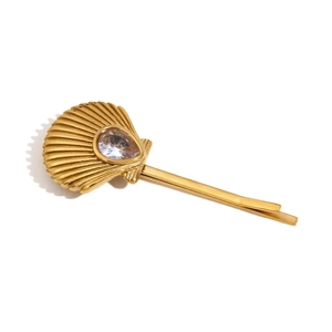 Fashion 18K gold plated stainless steel scallop hair clip with teardrop zircon stone