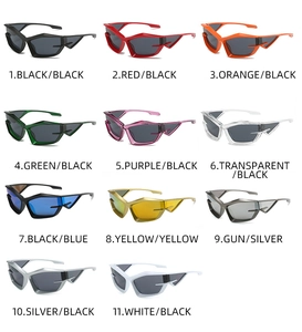 Collection of futuristic cat-eye sunglasses in 11 colors featuring various tinted lenses