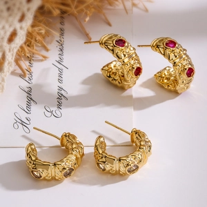 Vintage Gold Plated Copper C Shape Hoop Earrings Irregular Lava Texture Zircon Inlaid Geometric Retro Jewelry Women