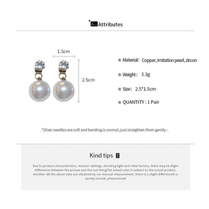 Detailed size and material guide for vintage pearl and zircon earrings in copper and silver