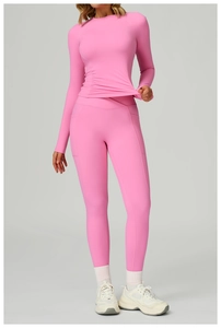Rosa eng anliegendes langärmeliges Yoga-Set mit High-Waist-Leggings und Seitentaschen
