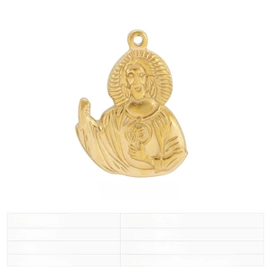 Detailed relief of a gold stainless steel Jesus pendant with polished finish details