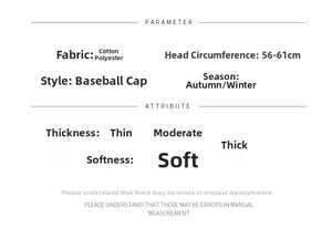 Detailed size chart and material specs for men's winter cotton-polyester baseball cap