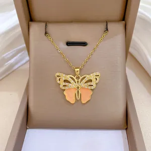 Butterfly Pendant Necklace Stainless Steel Chain Copper Rhinestone Enamel Glitter Elegant Clavicle Chain For Women