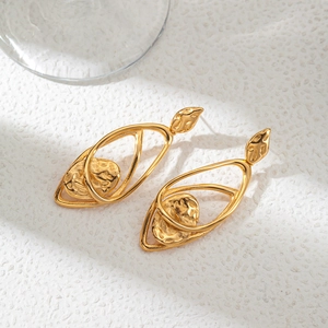 Stainless Steel Gold Geometric Hammered Texture Dangle Earrings Double Layer Hollow Teardrop Abstract Drop Jewelry Women