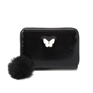 Mini black leather purse with a white bow and fluffy pom-pom charm for women