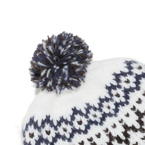 Close-up of knit beanie top featuring a colorful blue and brown pom-pom and geometric jacquard
