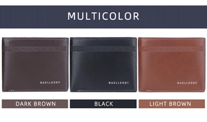 Three men's slim bifold wallets in dark brown, black, and light brown embossed leather