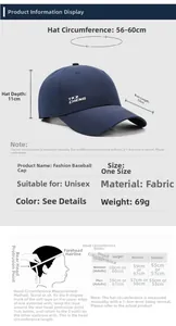 Detailed size chart for quick-dry mesh baseball cap showing 56-60cm circumference