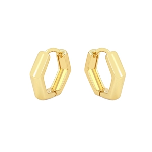 Minimalist hexagonal gold hoop earrings with polished metallic finish on white background