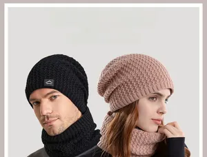 Detailed view of winter knit beanie and neck warmer set with thick fleece lining for warmth