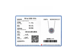 Detailed jewelry test certificate for a 925 sterling silver full diamond necklace