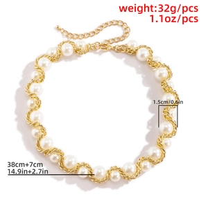 Detail view of pearl necklace with gold twisted chain, lobster clasp and size dimensions