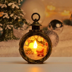 Macro shot of a vintage bronze LED Christmas lantern with Santa scene and warm glow