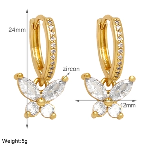 Detail of gold butterfly zircon earrings with measurements 24mm height and 5g weight