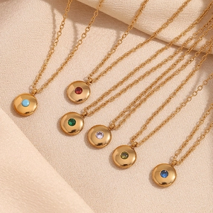 Stainless Steel 18K Gold Plated Birthstone Round Disc Pendant Necklace For Women Elegant Fashion Daily Commute Jewelry