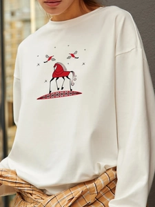 T-shirt oversize beige en coton à manches longues avec imprimé cheval et oiseau