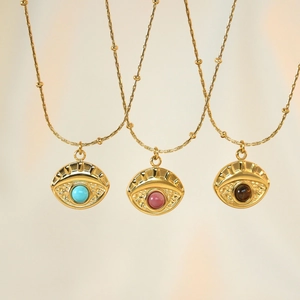Chic 14K gold plated stainless steel eye pendants with natural colorful stones