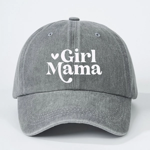 Adjustable grey washed denim baseball cap featuring white Girl Mama heart print