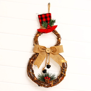 LED lighted snowman Christmas wreath with rustic rattan, pine cones and buffalo plaid hat
