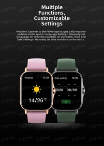 Close-up of Y13 smartwatch interface showing weather and date settings on a 1.83-inch screen.
