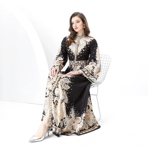 Elegant vintage high collar paisley print maxi dress with long sleeves and cinched waist
