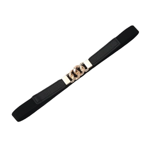 Elastic black waist belt for dresses featuring a stylish gold metal chain buckle detail