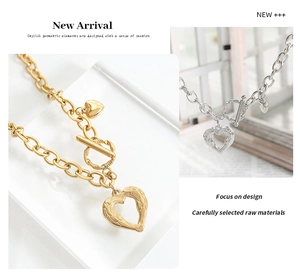 Detail of heart pendant with toggle clasp on a thick link chain in gold and silver