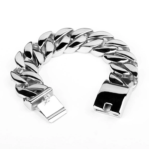 Polished silver stainless steel Cuban link bracelet for men in a 45-degree angle view