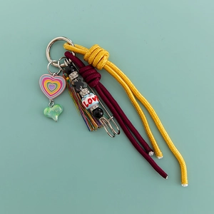 Pink heart macaron handmade woven keychain with rhinestone tassels and LOVE beads