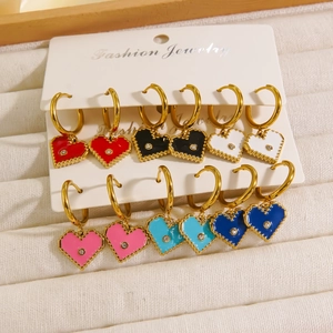 Set of 6 pairs of colorful enamel heart earrings with 14K gold-plated hoops and crystals